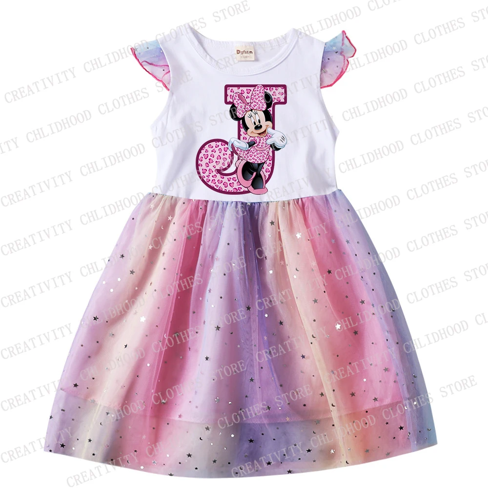 Disney-Minnie Mouse Meninas Vestido, Vestidos de desenhos animados infantis, Roupa de bebê, letra A, B, C, D Combinação Nome, Gaze, Casual