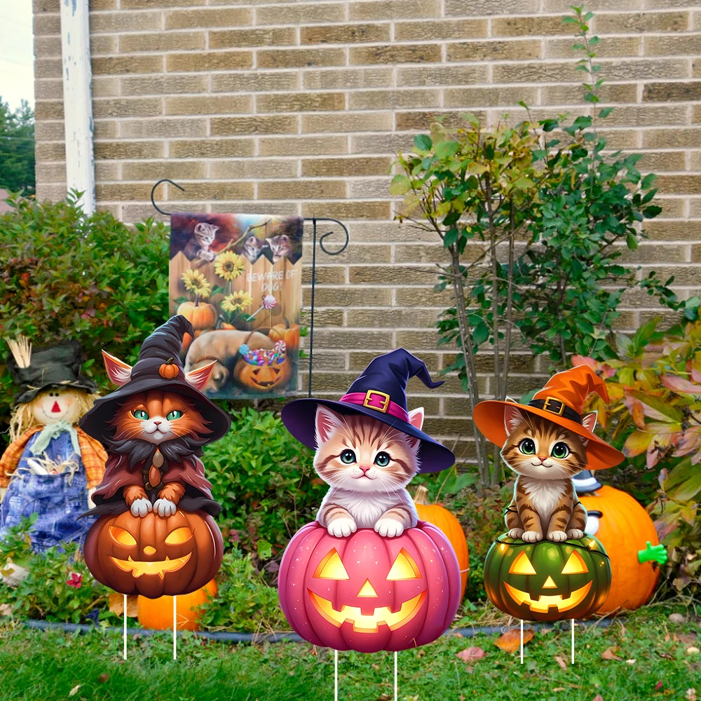 Halloween-Katzen-Kürbis-Gartenschilder aus PP-Wellpappe, Hexen-Kätzchen auf Kürbis-Stäben, Dekoration für Gartenpartys im Freien