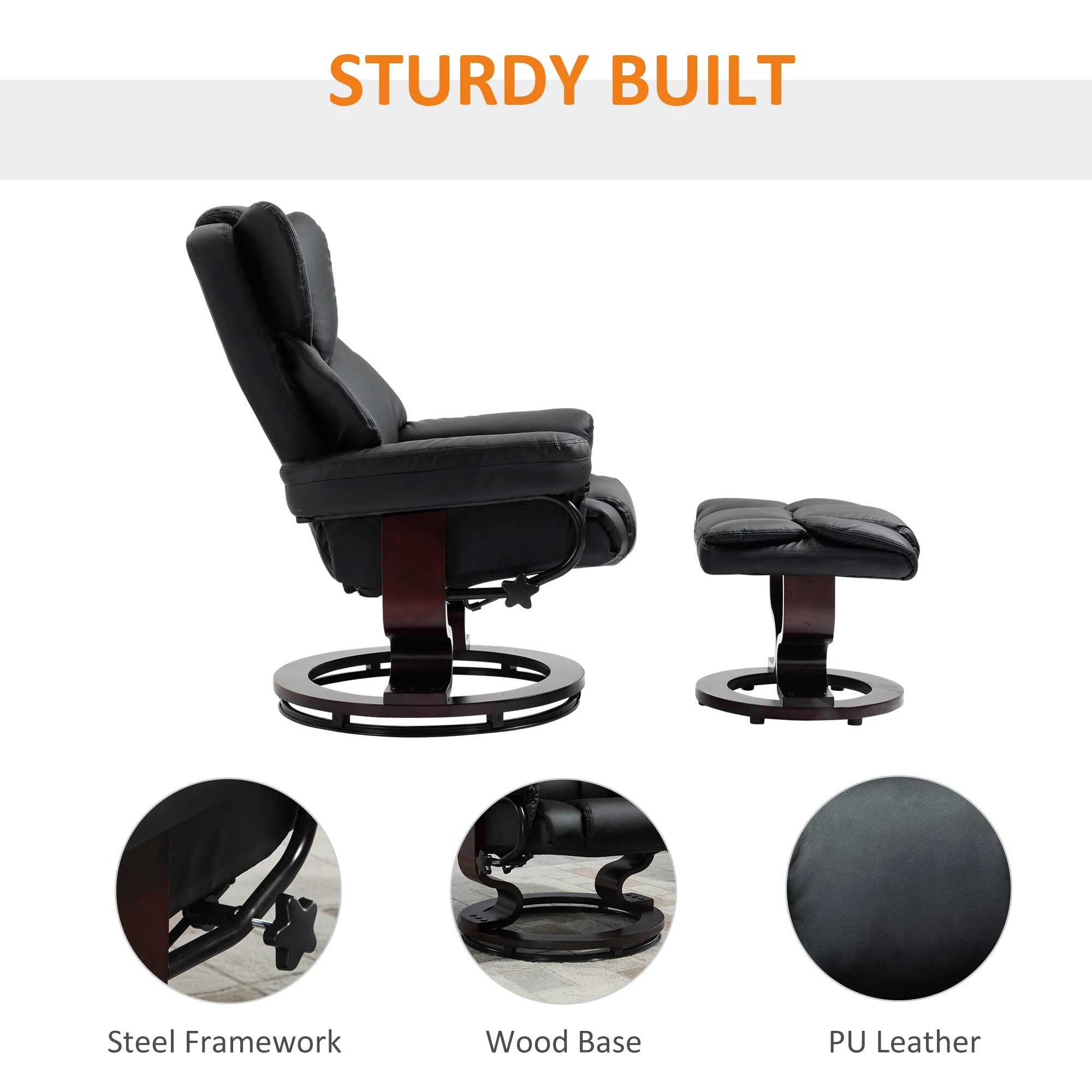 HOMCOM PU Leather Manual Reclining Armchair Footstool Padded Seat