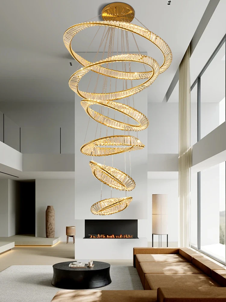 Modern Minimalist Luxury Crystal Multiple Circle Pendant Lights Gold Large, 4/8 Circles Big Stainless Steel Pendant Lamp