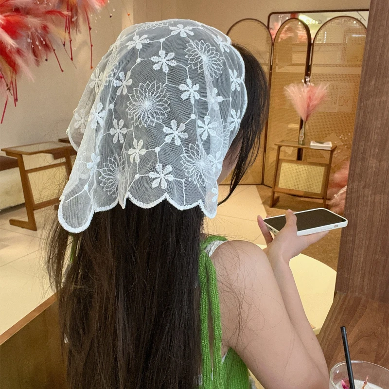 

Delicate White Lace Mesh Triangle Headband for Women Lightweight Hair Scarf Summer Bandana Boho Style Head Wrap Beach Vacation