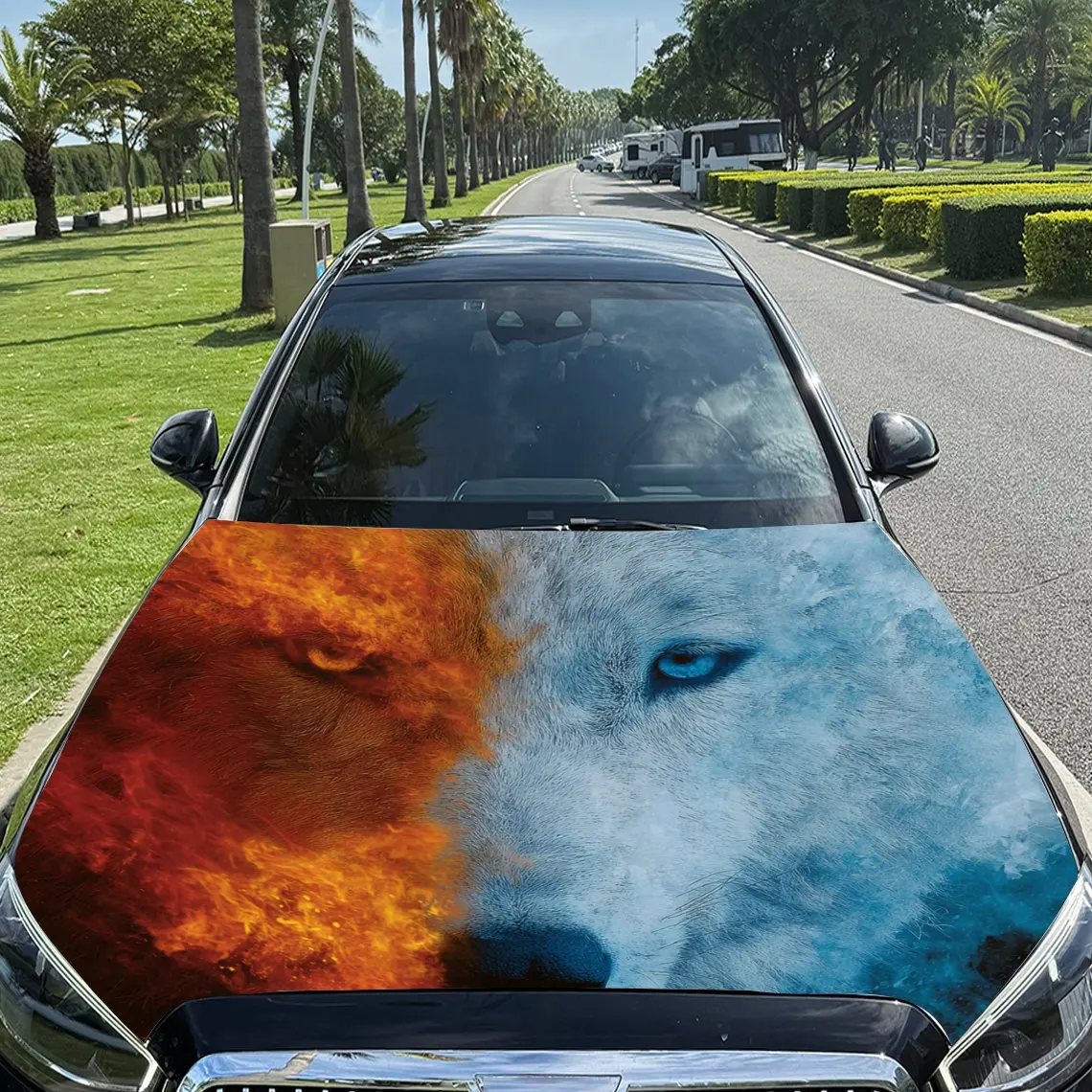 

Wolf Head with Ice - Fire Dual Colors Print car hood stickers, waterproof self-adhesive, scratch resistant, easy to stick, durab
