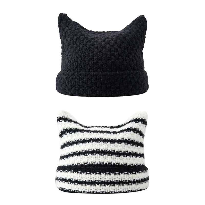 Gorro de orelha feminino de crochê, chapéu de malha feminino, listrado, quente, solto, feito à mão, HipHop, elegante Skullies Cap, inverno, Y2K, fofo