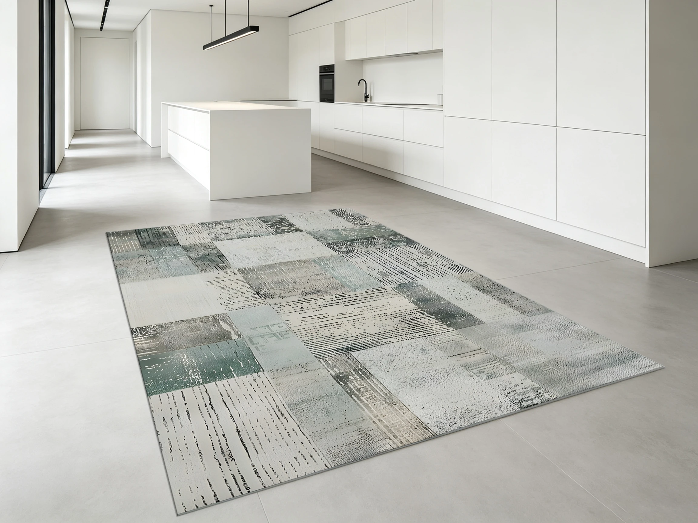 2D Large Rug with Gray Geometric Patchwork, Wabi-Sabi Style, Soft & Comfortable, for Living Room & Bedroom, Enhances the Space &
