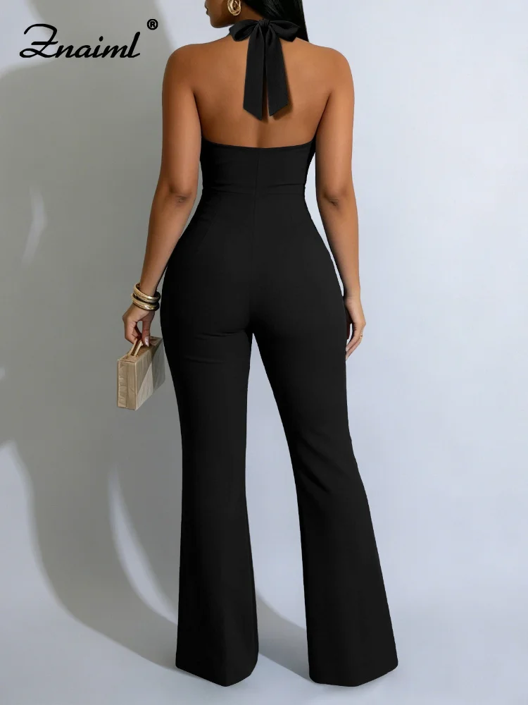 Znaiml Trendy Women Purple Halter Keyhole Jumpsuit Gold Button Flared Long Pants Romper for Club Party Fall One Pieces Overalls