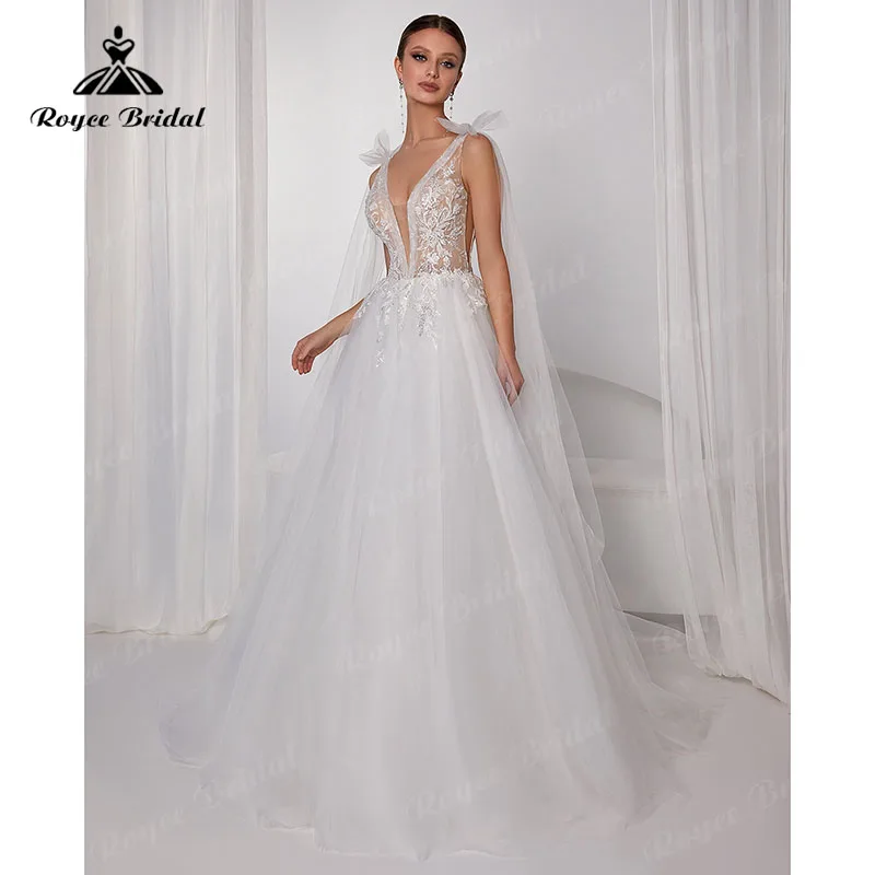 Robe De mariée en dentelle style Boho, coupe trapèze, dos nu, sans manches, décolleté en V profond, sur mesure