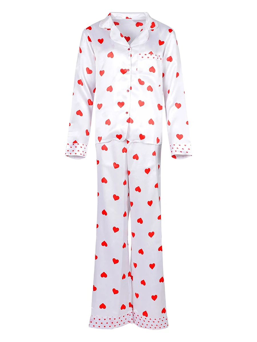 Niedliches Pyjama-Set mit Herz-Print für Damen, langärmelig, Nachtwäsche, Satin, weiche Loungewear, zweiteiliges Pyjama-Lounge-Set mit Knopfleiste