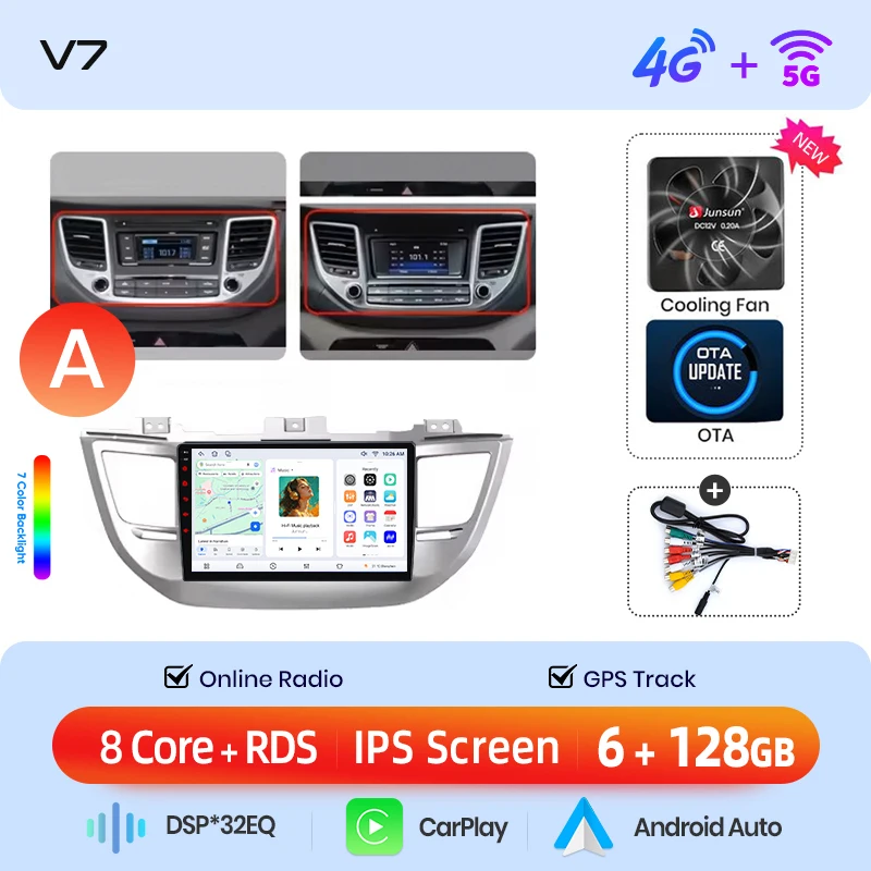 Junsun draadloze CarPlay Android Auto autoradio voor Hyundai Tucson Mk3 (TL) 2015-2020 met ingebouwde koelventilator, Android GPS navigatie, multimediaspeler, WiFi, DSP, RDS, BT, SWC, IPS touchscreen,