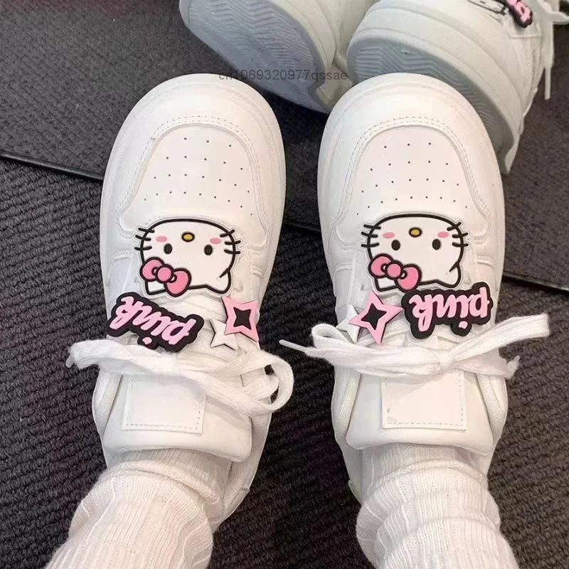 New Star Hello Kitty Lace-up White Sneakers Shoes for Women Student Versatile Casual Thickened Bottom Lightweight Board Shoes