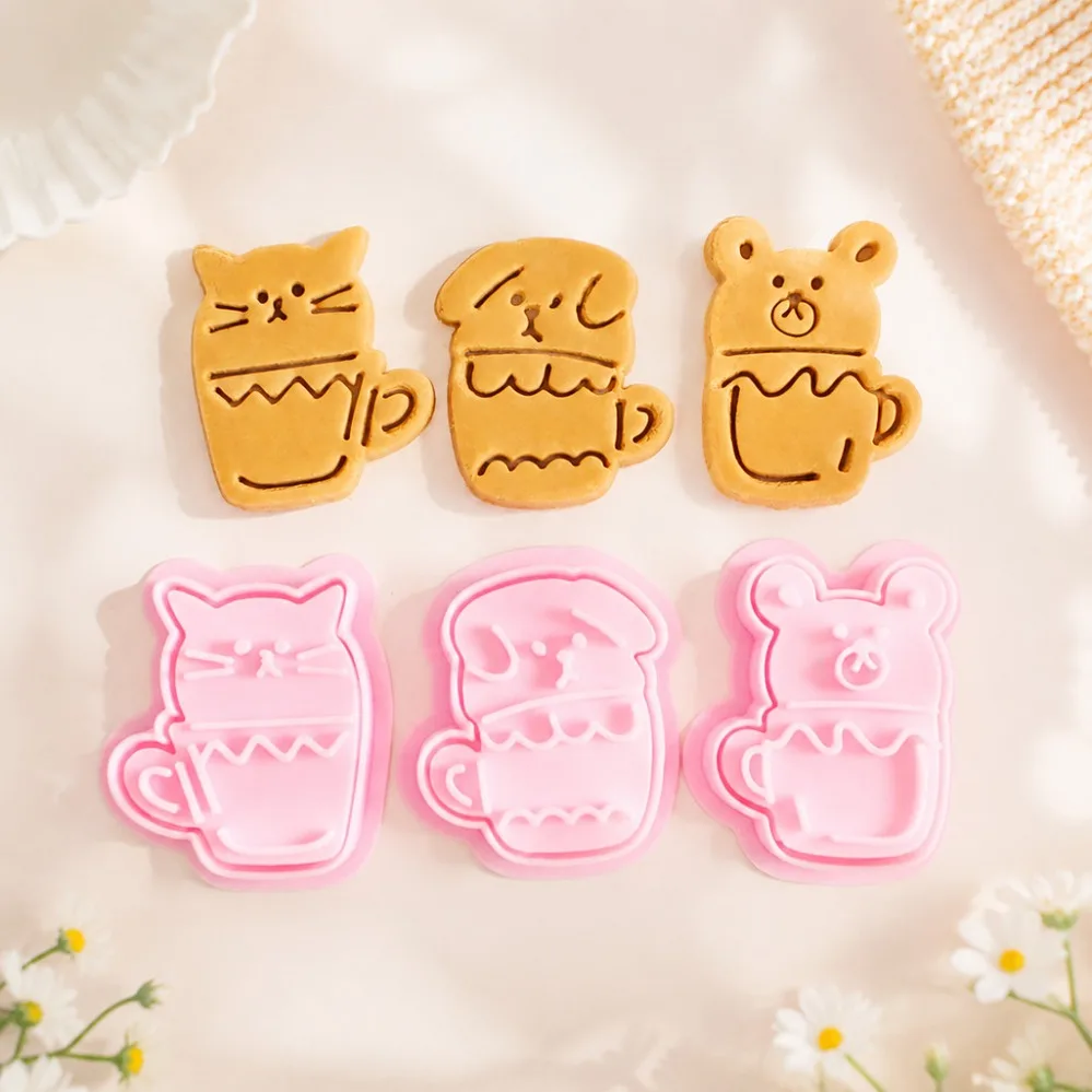 3Pcs Cute Cat and Dog Cup Design Cookie Cutters DIY Bakery Tools and Accessories Stampcookie Cutters