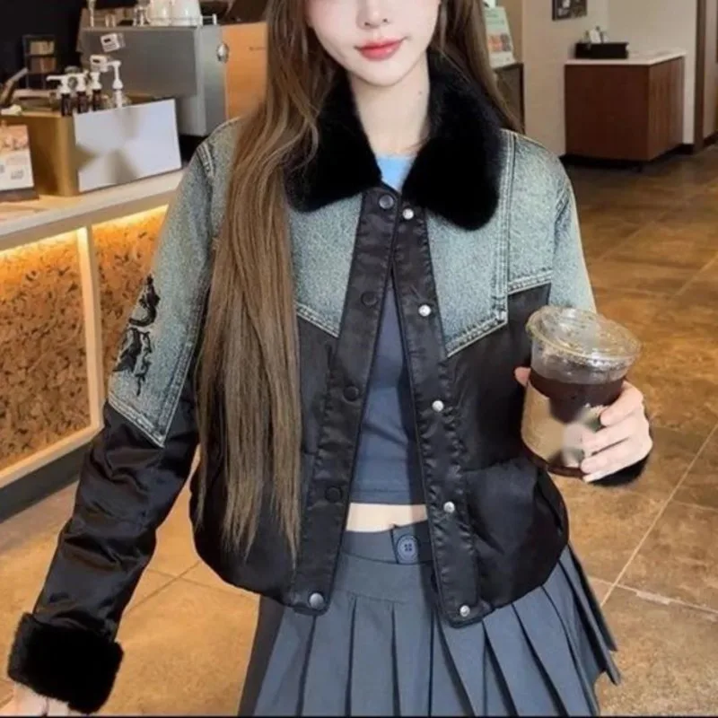 ANJY automne hiver nouvelles femmes Chic Denim broderie Patchwork conception col de fourrure doudoune à la mode élégant ajustement rembourré manteau A15720