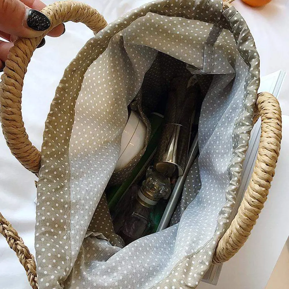 Straw Woven Bag Handmade Rattan Woven Vintage Retro Straw Rope Knitted Women Crossbody Handbag With Ring Fresh Summer Beach Bag