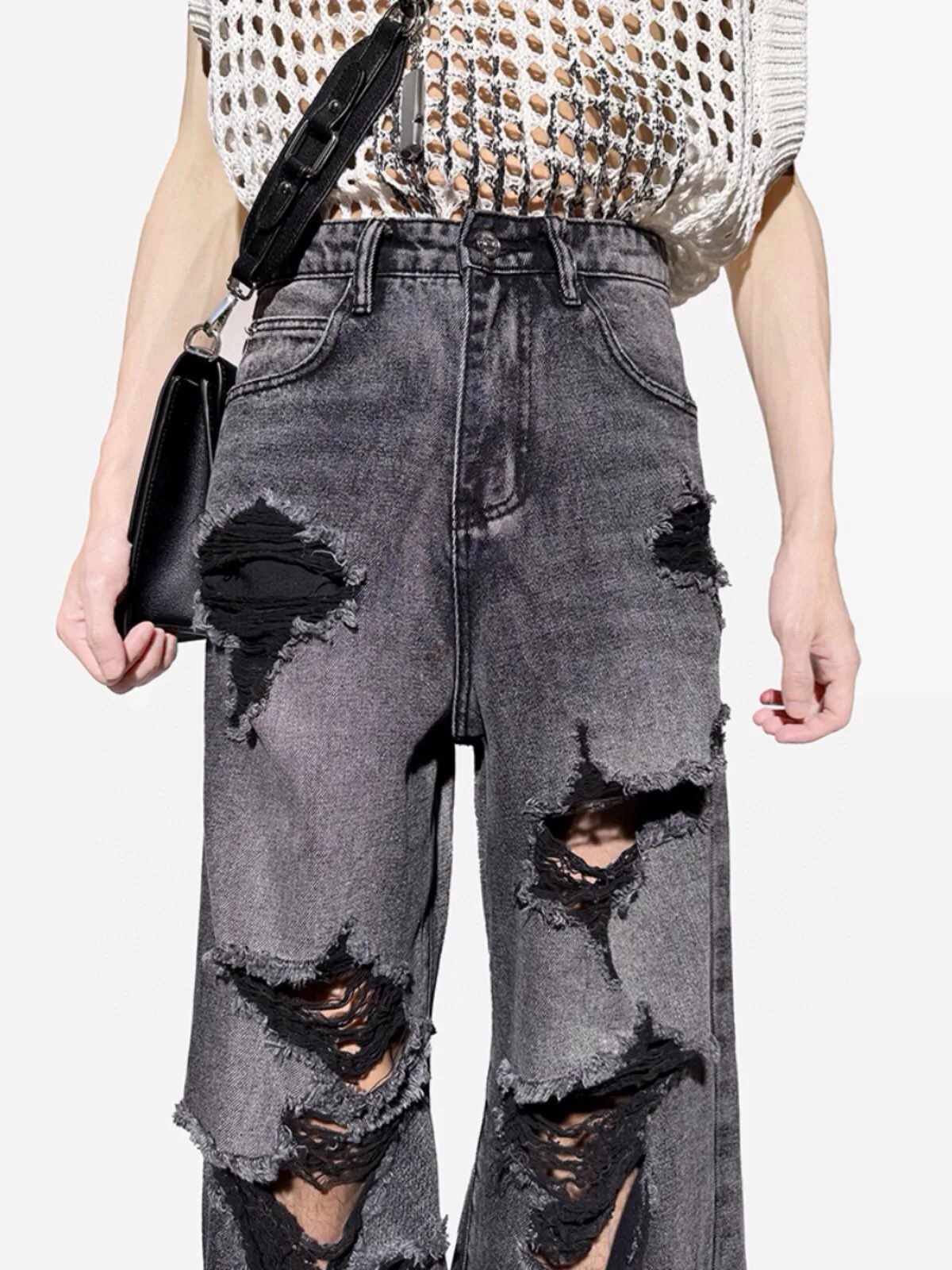 Hip-hop Damaged Hole Beggar Jeans Y2k Men Women Summer Tide Loose Do Old Wide-leg Pants American High Street Straight Drag Pants