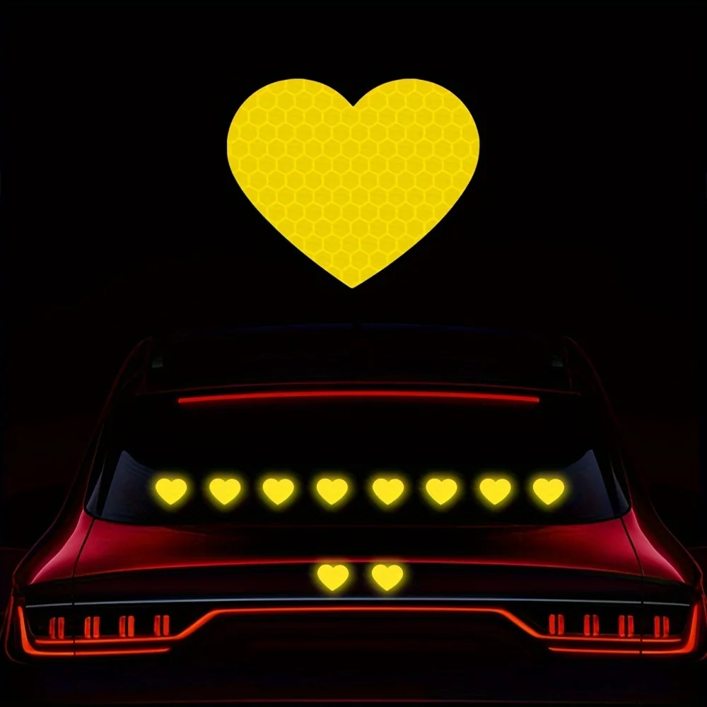 10PCS Heart Shape Reflective Car Stickers Waterproof for Auto Trunk Body Vehicle Night Warning Durable Vinyl Decals Decoration