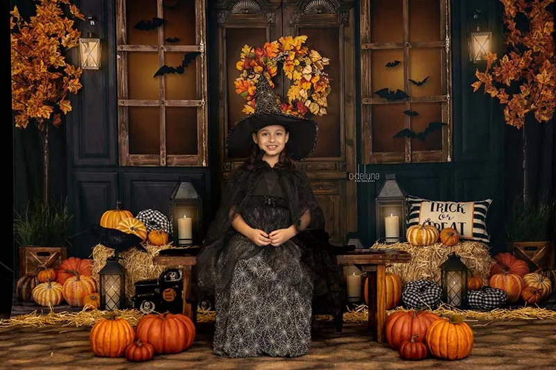 Backdrops para Halloween Porch Fotografia, Birthday Cake Smash, Pumpkin Lantern, Witch Bat, Festival Fundo para Crianças e Adultos, Outono