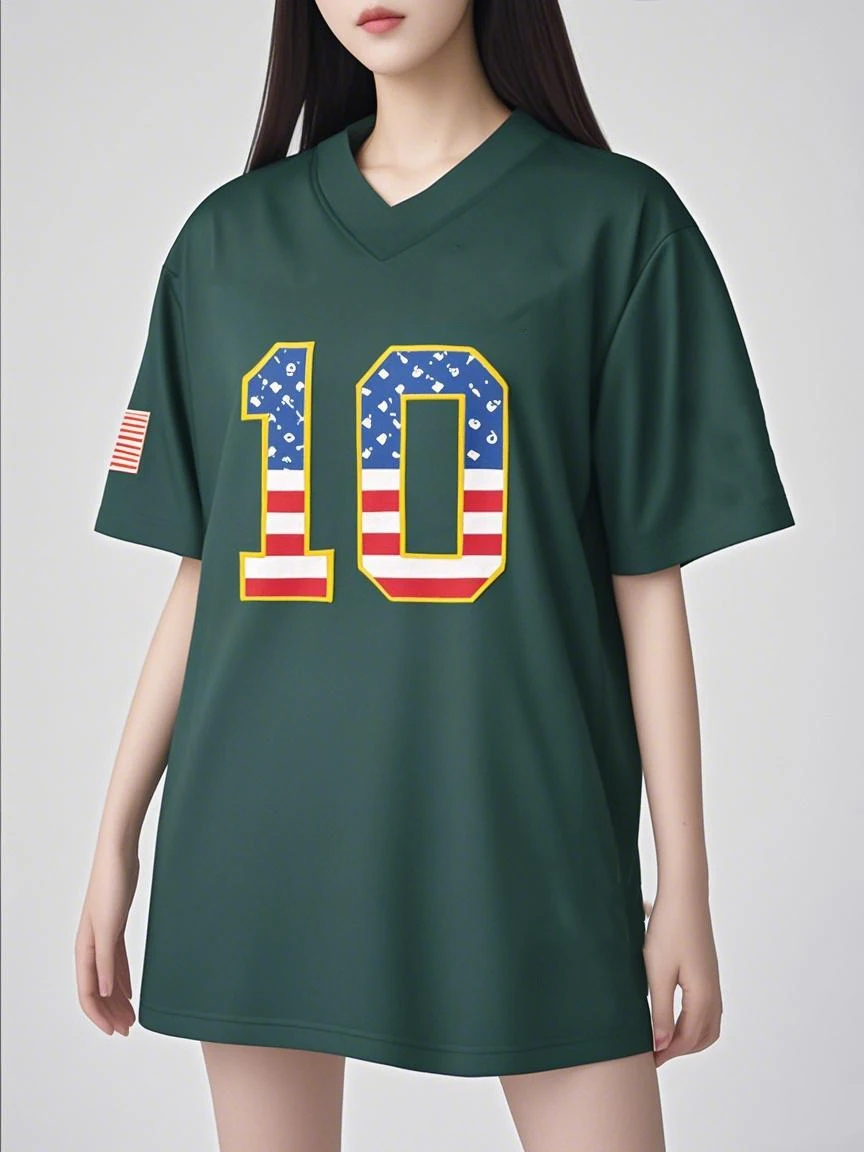 

Green Women American Football Short Sleeved T-shirt Football Sports Top 3D Printed V-neck Women Sports Shirt Fashionable