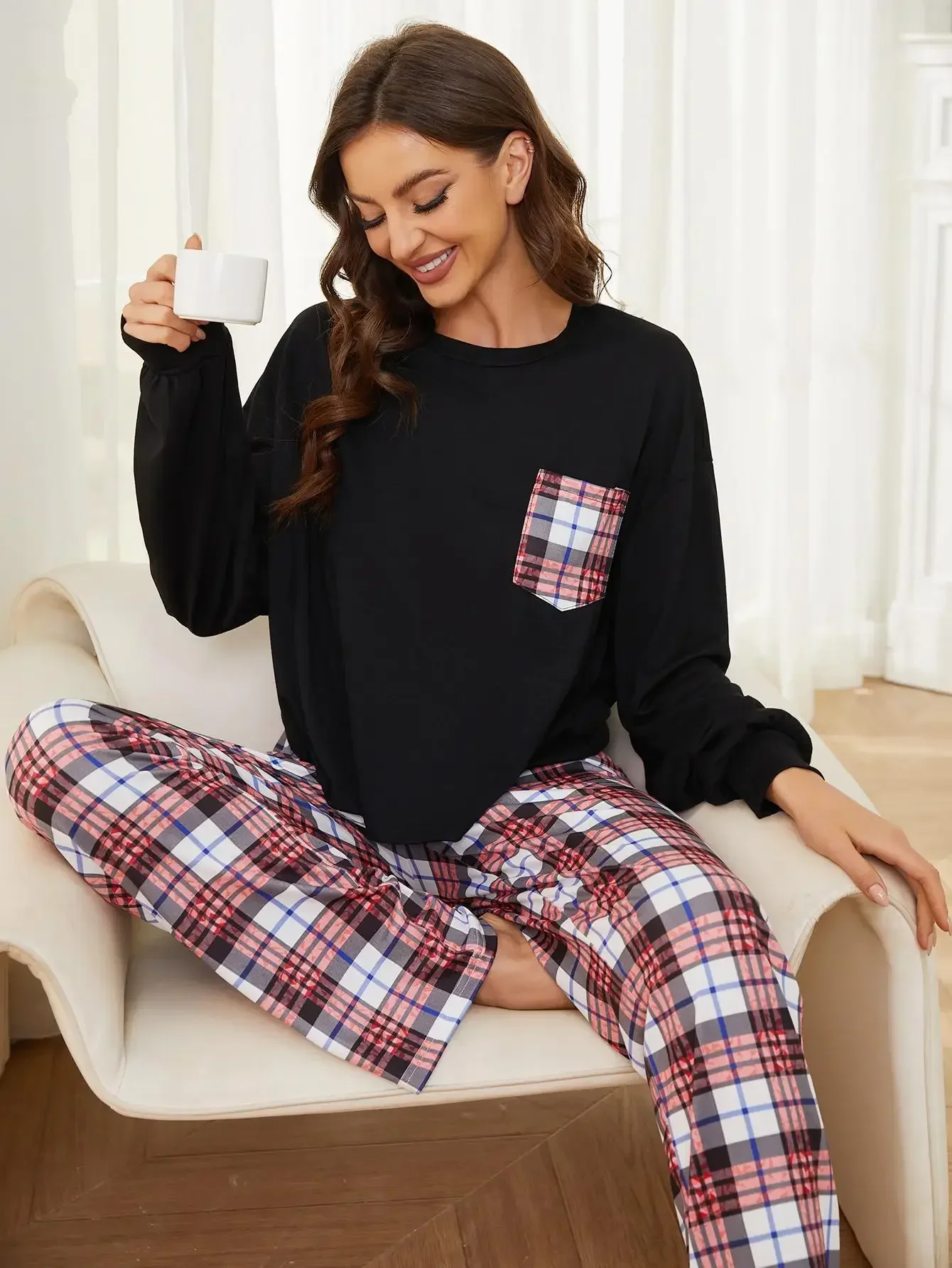 Women Pajama Set Long Sleeves Screw Neck Top & Plaid Full-Length Pants Fall Winter Spring Female Sleepwear 2 Piece Nightwear