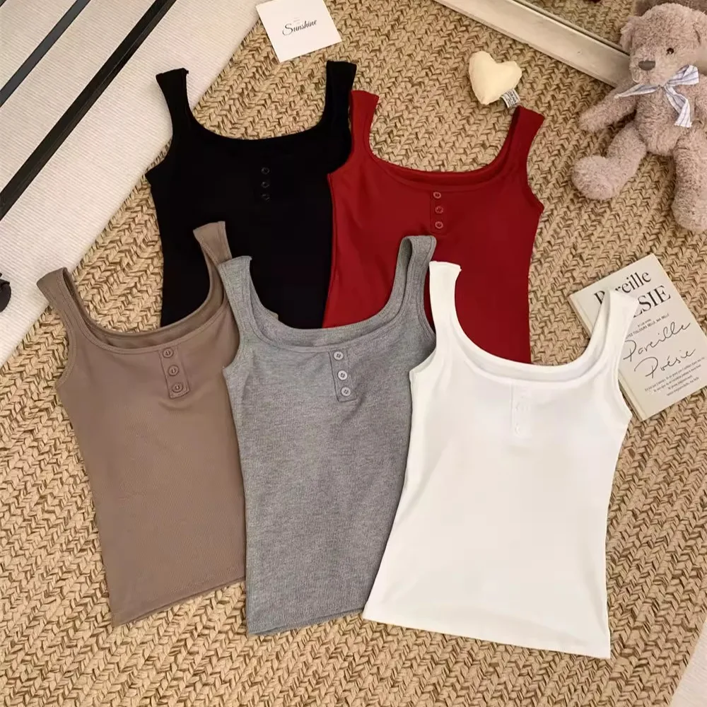 Pure Desire Autumn New Style Women's Slim Fit Warm Fleece Vest Square Collar Fixed Strap Chest Pad Versatile Top