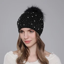 CNTANG Decorate Pearl Women Beanie Knitted Wool Hats Fashion Natural Raccoon Fur Pompom Hat Autumn Winter Warm Casual Ladies Cap