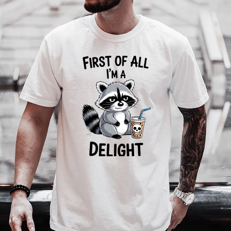 First of All I'm A Delight Raccoon T-Shirt Funny Sarcastic Raccoon Coffee Graphic Tee 100% Cotton Men's Summer Outdoor T-shirt