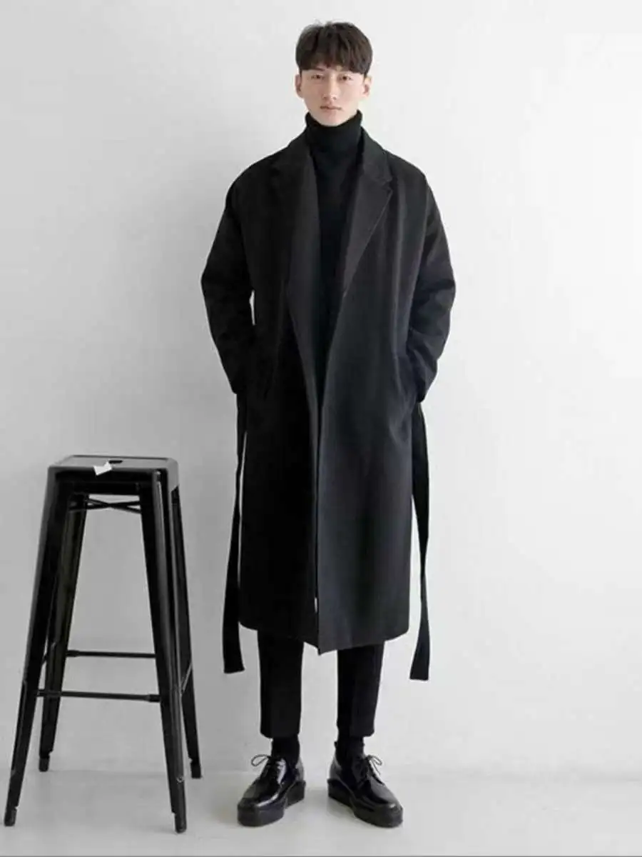 

Casual Men's Woolen Coat Korean Sle Suit Collar Oversize Mid-Length Leisure Coat Jaet Long Sve Color Autumn Wear