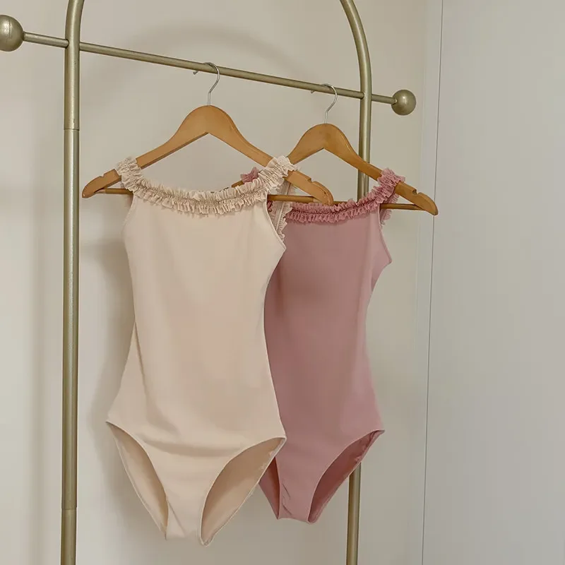 Women Ruffle Strap Ballet Leotard Cross Back Sleeveless Dance Bodysuit Adult Soft Stretchy Yoga Gymnastics Training Dancewear