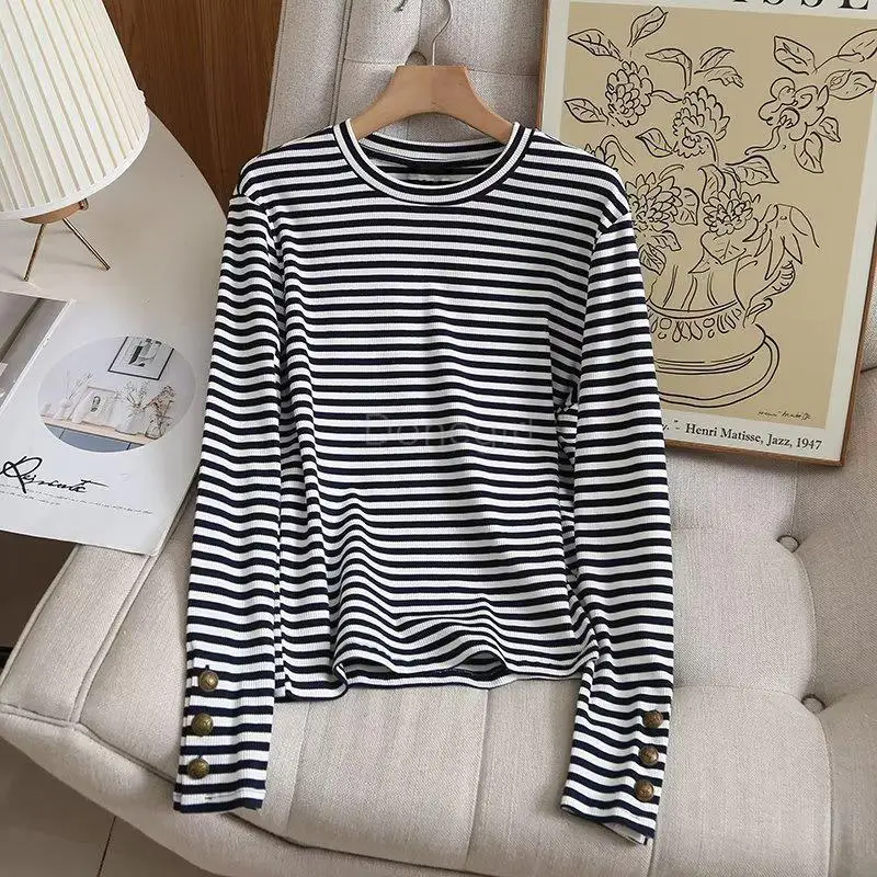 Donegirl 2023 Autumn New Women Round Neck Striped Pullover Thin Knitted Sweater Sleeve Buttons Slim Versatile Tops Female Chic