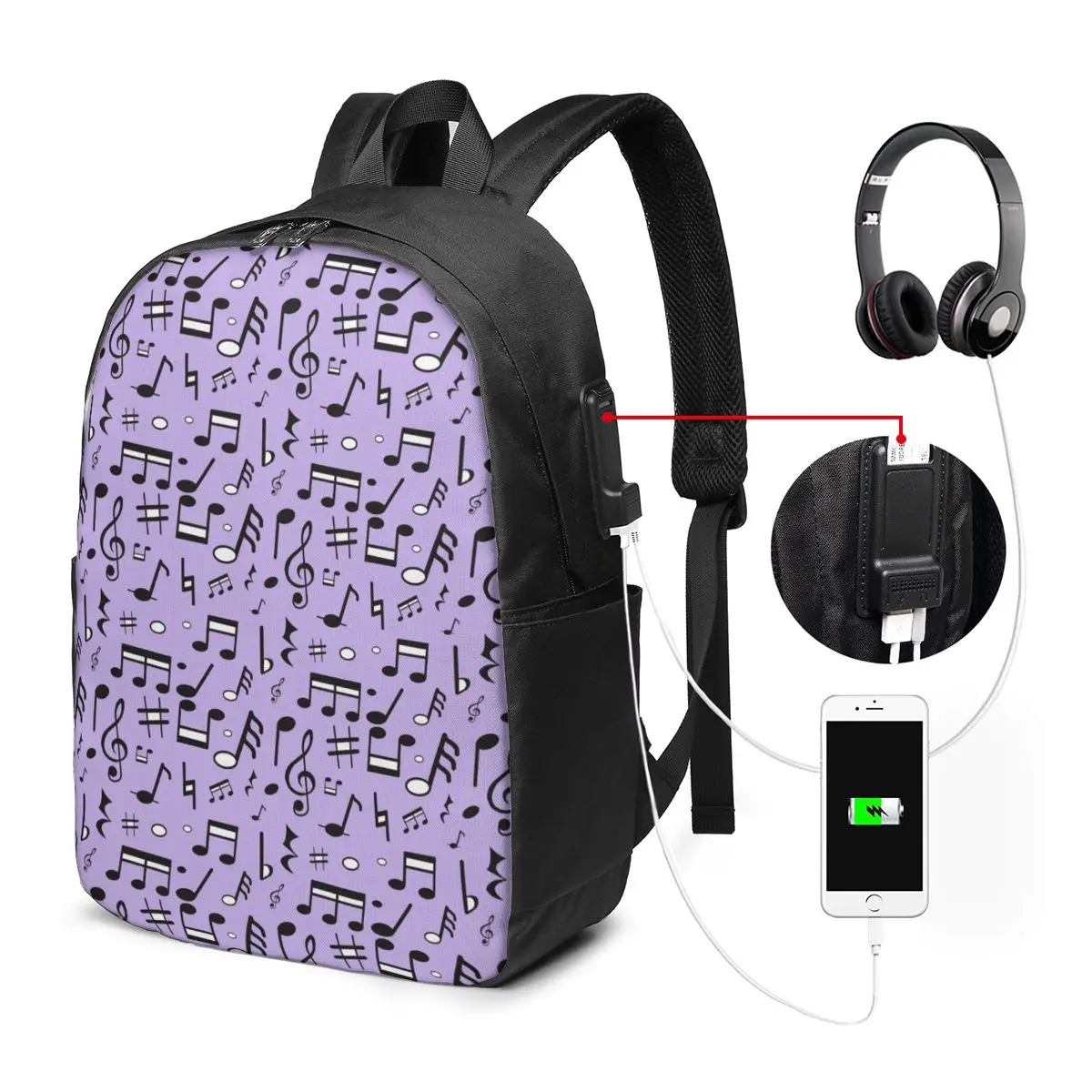 Music And Treble Clef Pattern In Purple Backpack Travel Notebook Bag Computer College Student School Bag Laptop Shoulder Bags