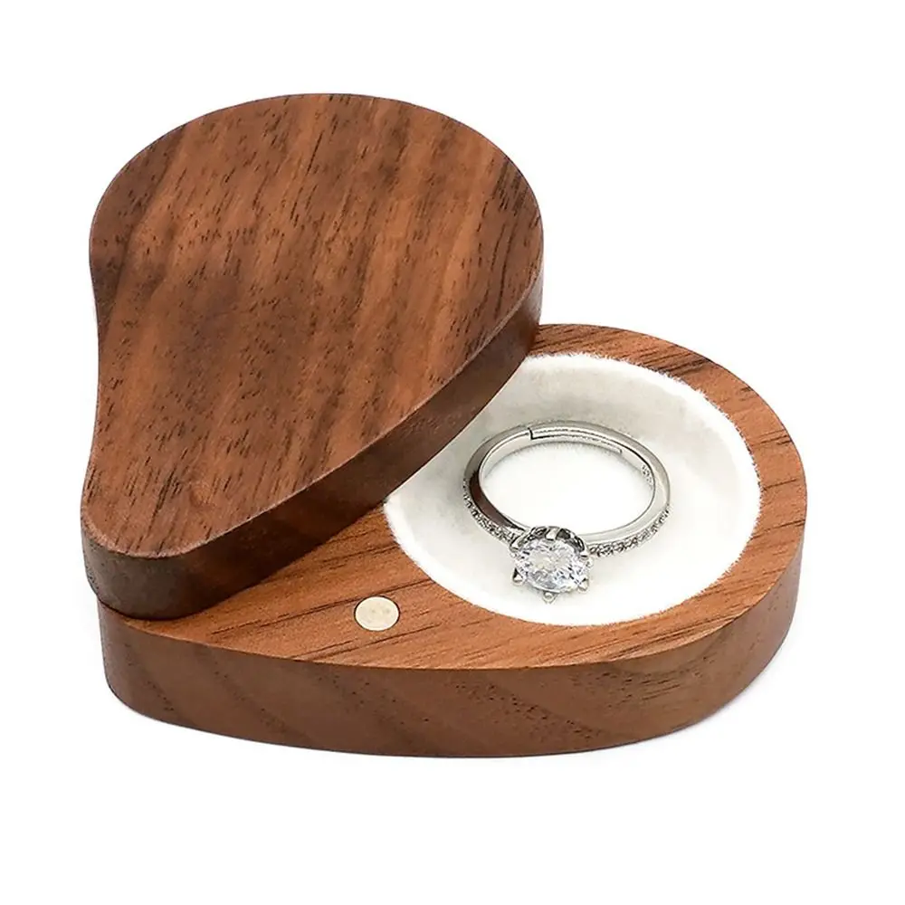 

Walnut Wood Engagement Ring Box Portable Heart Shape Wooden Jewelry Box Magnetic Cover Reusable Earring Storage Box Engagement