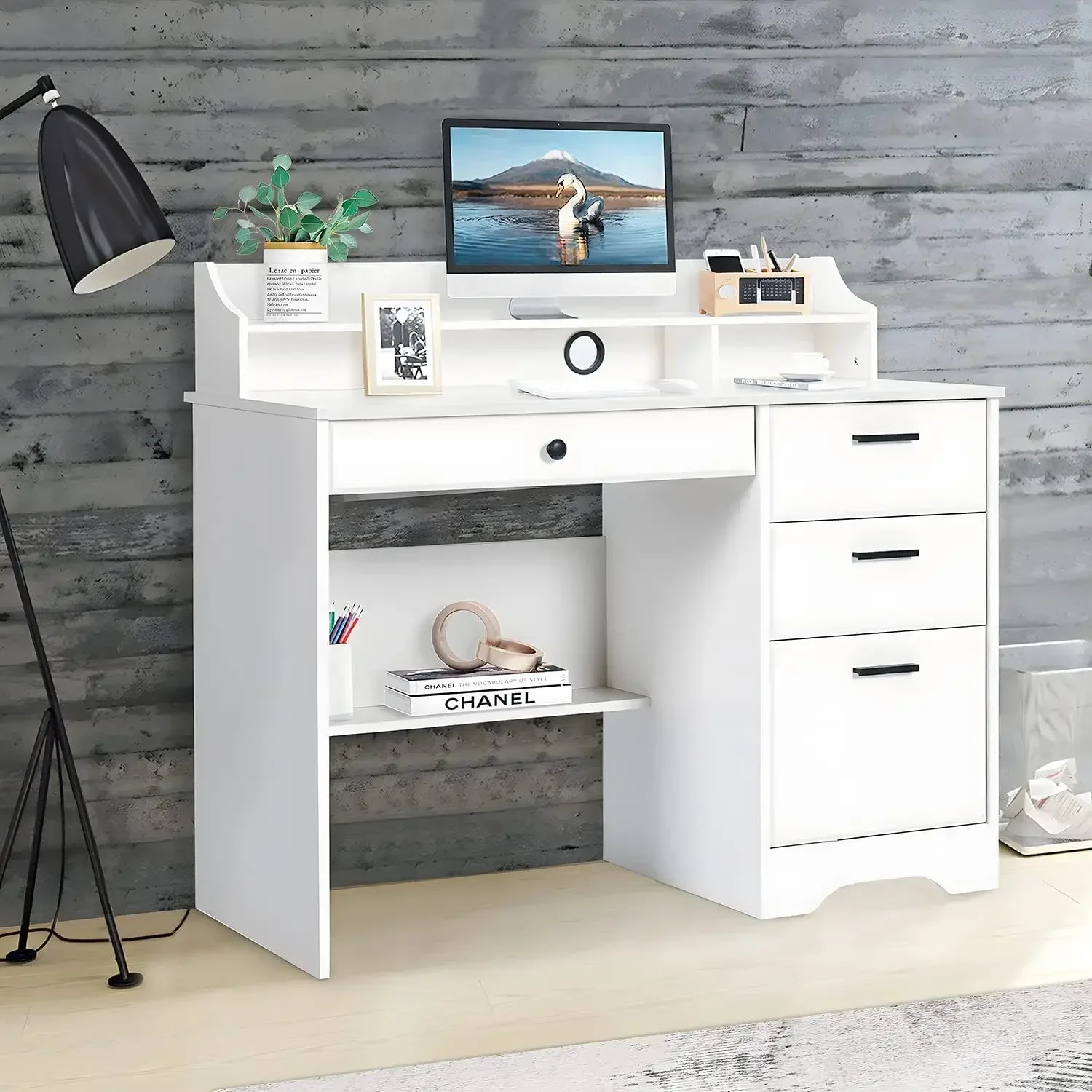 White Desk with Drawers and Storage, Home Office Desk Computer Desk with 4 Drawers & Hutch, Home Desk, Home Office, White