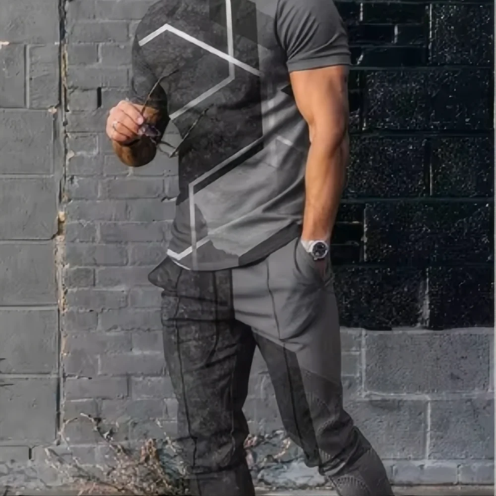 Summer Men's T-Shirt and Pants Sports Suit Abstract Gradient 3D Printed T-Shirt and Pants Set 2-Piece Street Wear Oversized Suit