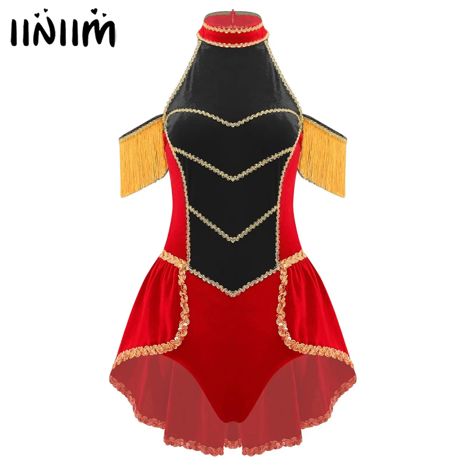 

Womens Circus Ringmaster Honor Guard Cosplay Bodysuit Tassel Magician Swallowtail Jumpsuit Halloween Themed Party Costume