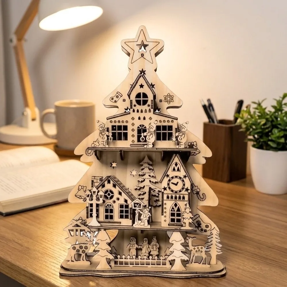Reindeer Christmas 3D Wooden Puzzle Snowman Material Packages Christmas Treehouse Model Kit Handmade Assembly