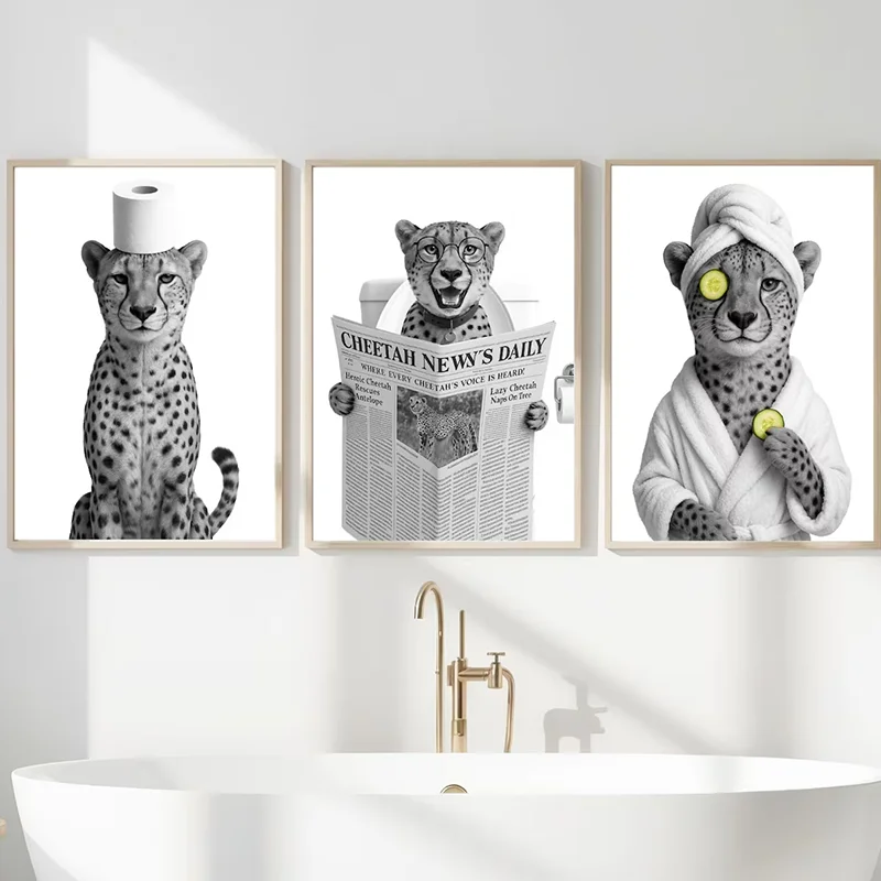 （Unframe 3PCS）-3PCS Funny Cheetah Bathroom Prints  Bathroom Wall Art  Bathroom Wall Decor  Cheetah in Toilet  Canvas Painting