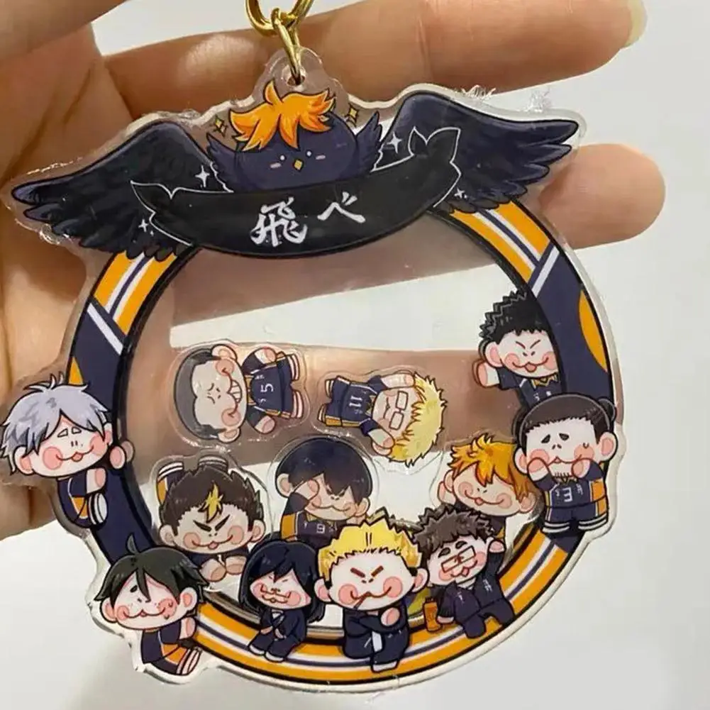 Haikyuu Runder Acryl-Schlüsselanhänger, Anime, kreativer Cartoon-Volleyball-Team-Thema, Schüttelspielzeug, Anhänger, Tasche, Dekoration, Zubehör, Geschenke