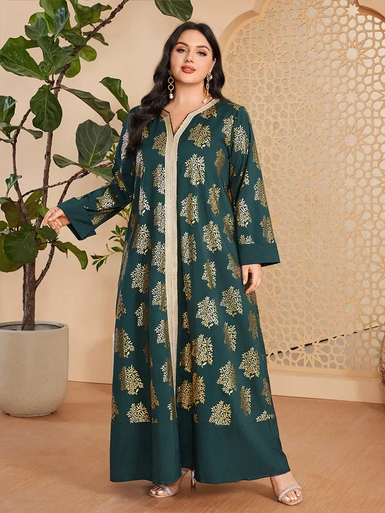 2025 Plus Size Maxi Dresses For Women Fashion Green Gold Print Long Sleeve Abaya Arabic Muslim Clothes Kaftan Islamic Vestidos