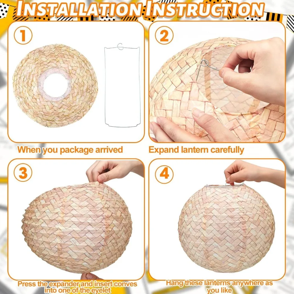 Traditional Imitation Bamboo Woven Round Paper Lanterns Handmade Rustic Festival Lantern Foldable Hanging Lamp Ball Birthday