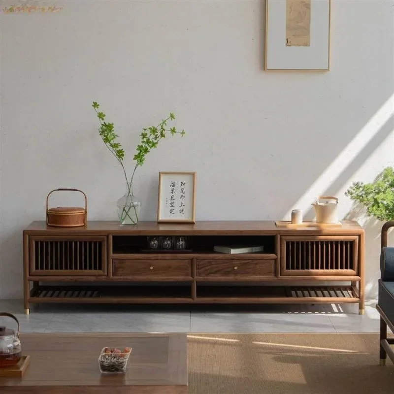 Lemari TV kayu solid baru bergaya Zen dari kayu walnut hitam modern sederhana kombinasi lemari lantai.