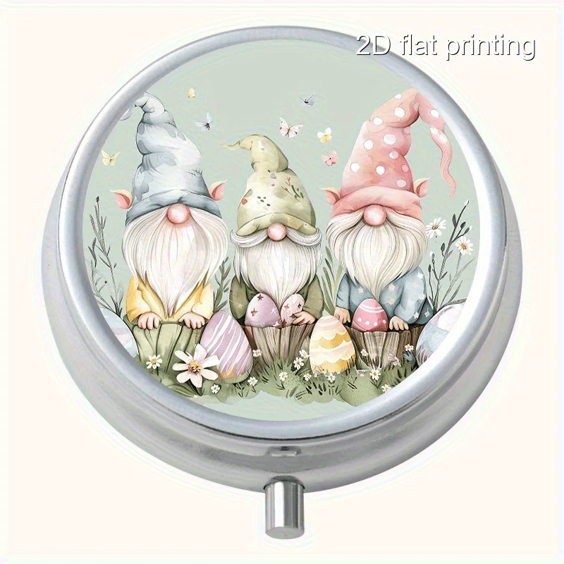 Easter Gnome Pattern Printed Round Box, 3-Compartment Box, Mini Portable Box Suitable for Travel, Outdoor Activities, or as a Portable Box for Wallets and Bags, Multifunctional Metal Box for Decorations, Jewelry, and Earrings, Multi-Compartment Storage Box, Organizer Box, Suitable for Home Travel, Sealed and Moisture-Proof, Unique Small Gift Collection Box