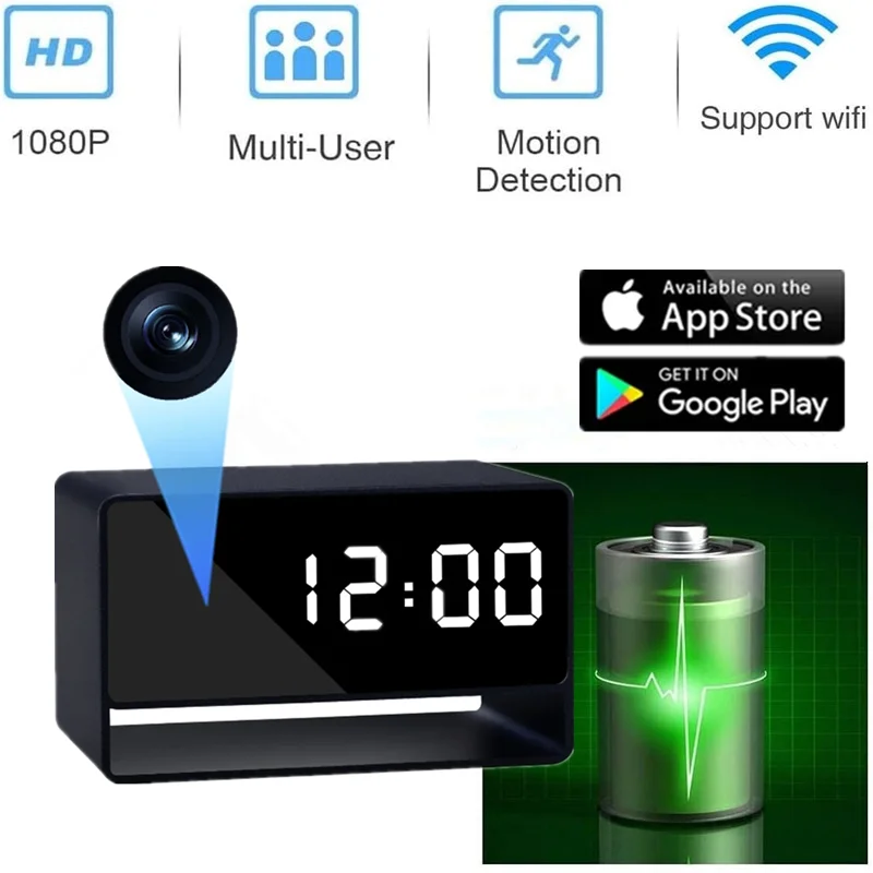 Despertador cam full hd 1080p wifi câmera remota sem fio visão noturna detecção de movimento alerta vigilância segurança do escritório em casa
