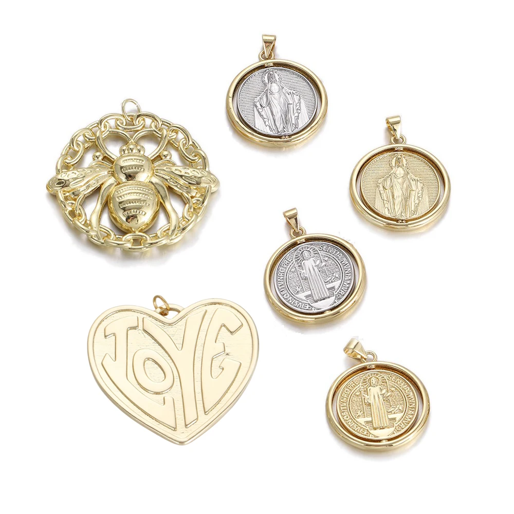 

2 Pcs Heart Bee Virgin Mary Pendant for DIY Bracelet Necklace Making Brass Gold Plated Jewelry Hollow Round Accessorie Wholesale