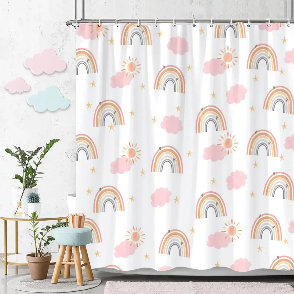 Cartoon Rainbow Shower Curtain Colourful Cute Print Kids Bathroom Curtain Polyester Fabric Art Home Decor Curtain With Hooks