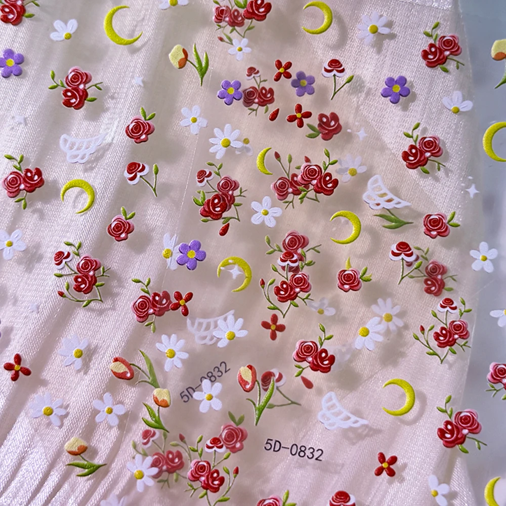1pcs 5D Vintage Red Rose Flowers Nail Stickers Red Floral White Daisy Moon Design Nail Decals DIY Spring Summer Manicure Decor T