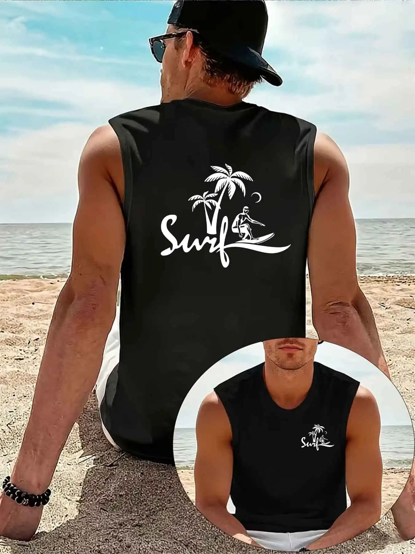 Surfing pattern vest, round neck sleeveless T-shirt, breathable beach exercise vest, summer casual back printed vest