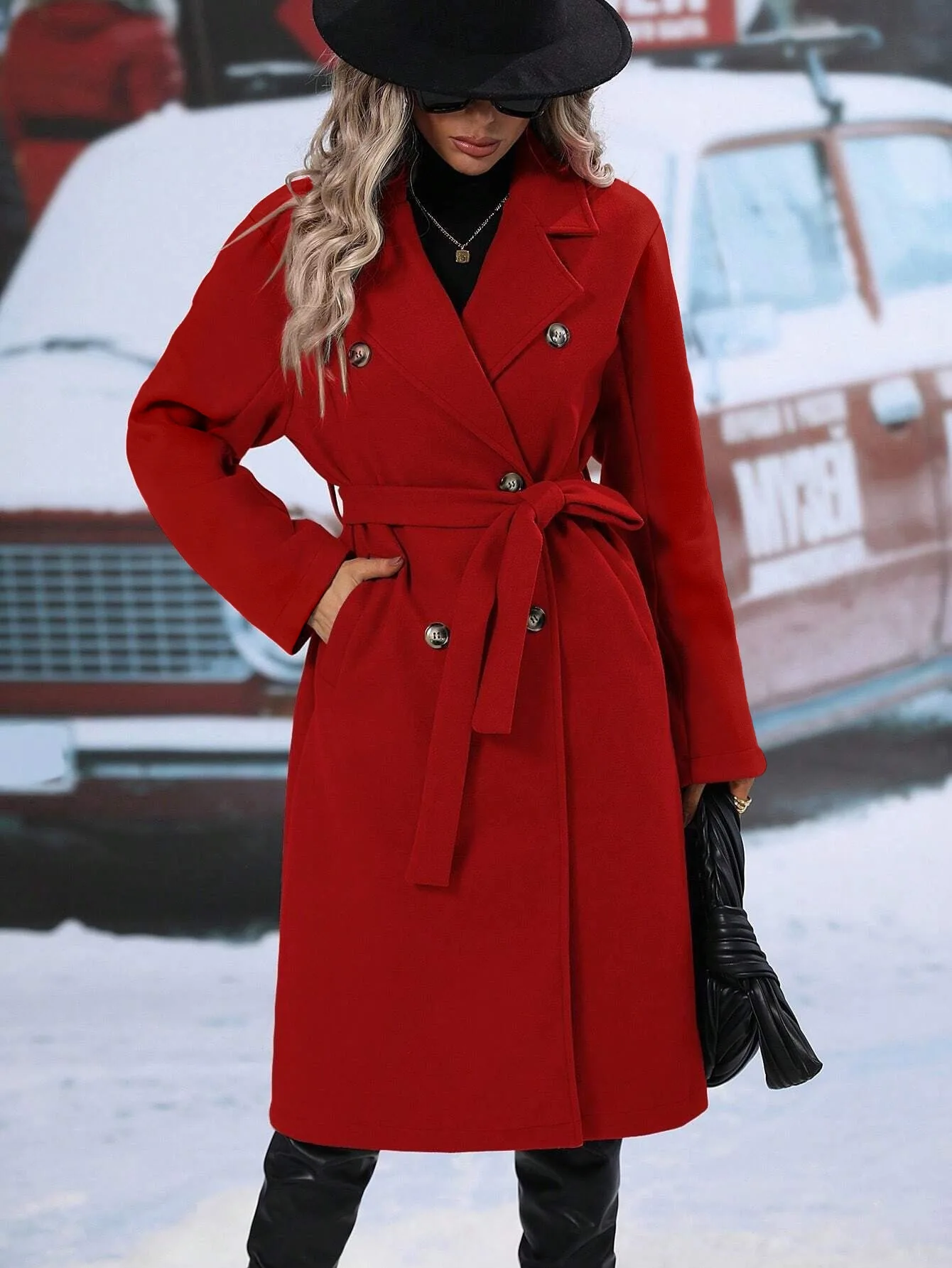 New European and American Foreign Trade Solid Color Collar Woolen Coat with Strap Double Buckle Extension