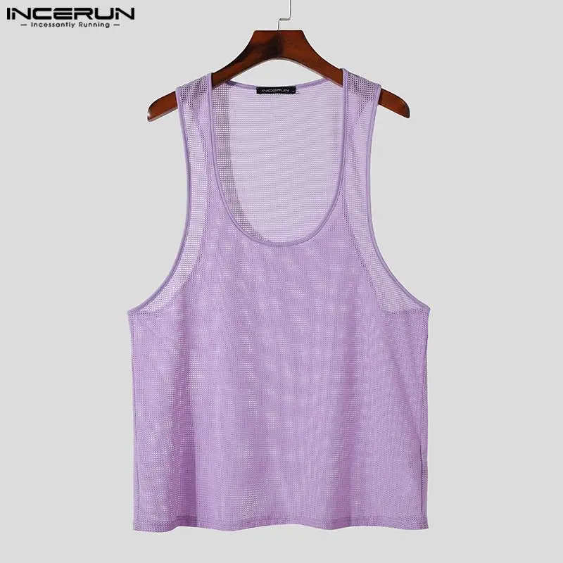 INCERUN Tops 2024 Korean Style Men\'s Perspective U-shaped Checkered Mesh Tank Tops Summer Casual Hot Sale Sleeveless Vests S-5XL