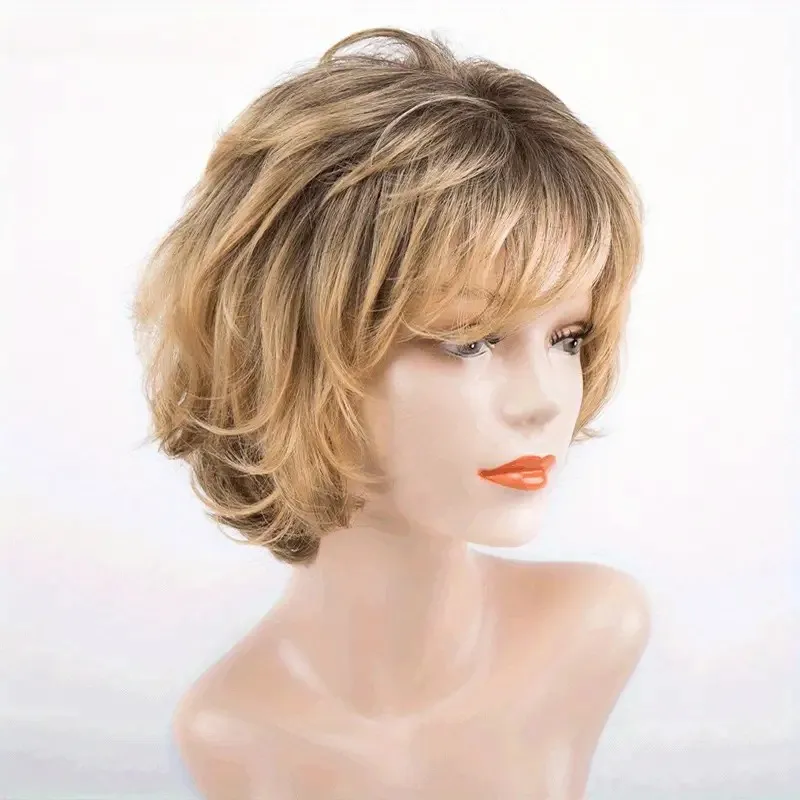 Woman Gold Short Synthetic Hair Loose Wave Dark Roots Heat Resistant Water Wave Blonde Costume Party Wig Mommy Daily Use