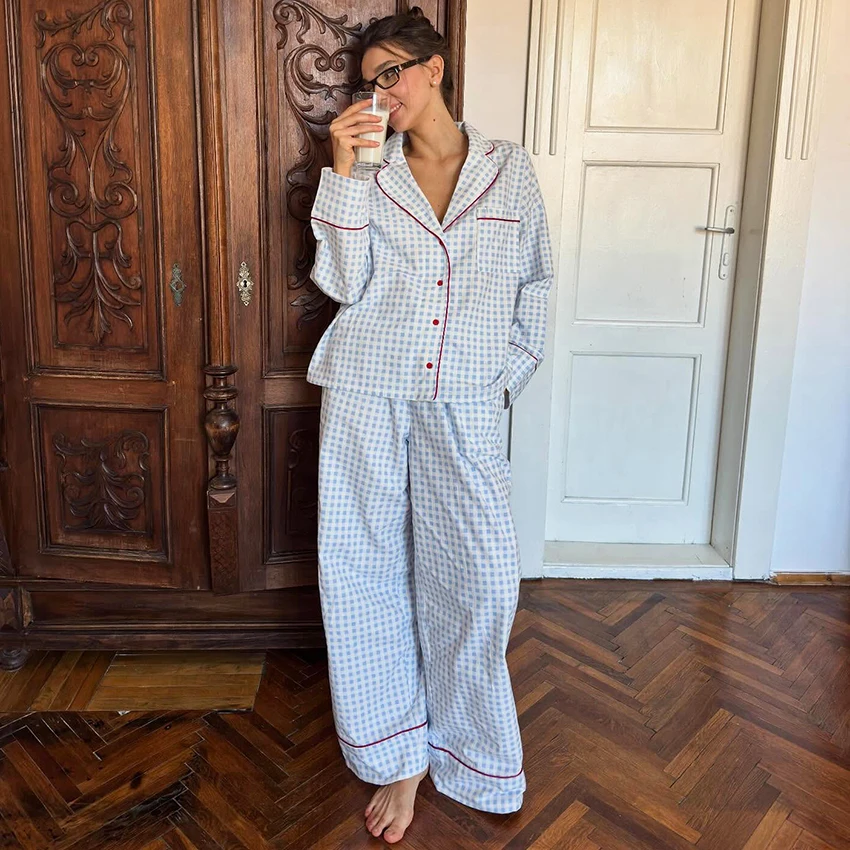 Hiloc Plaid Sleepwear Women Pajama Long Sleeve Tops Sets  Loose Trousers 2 Pieces Night Wears Korean Casual Home Suit 2026 New