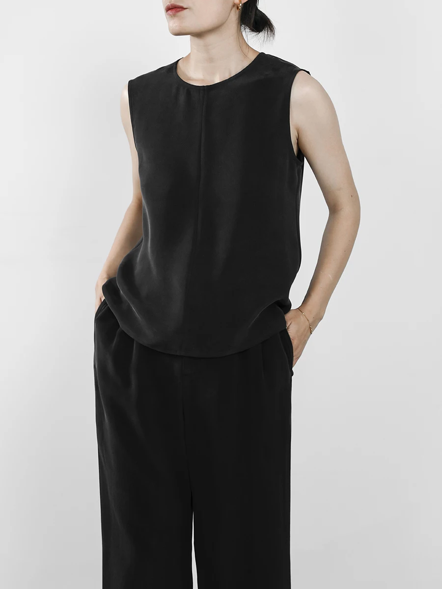 

JUZININE Оригинальный дизайн, шелковый жилет из двойной марли, прямой крой, шелковый топ с круглым вырезом, летний.