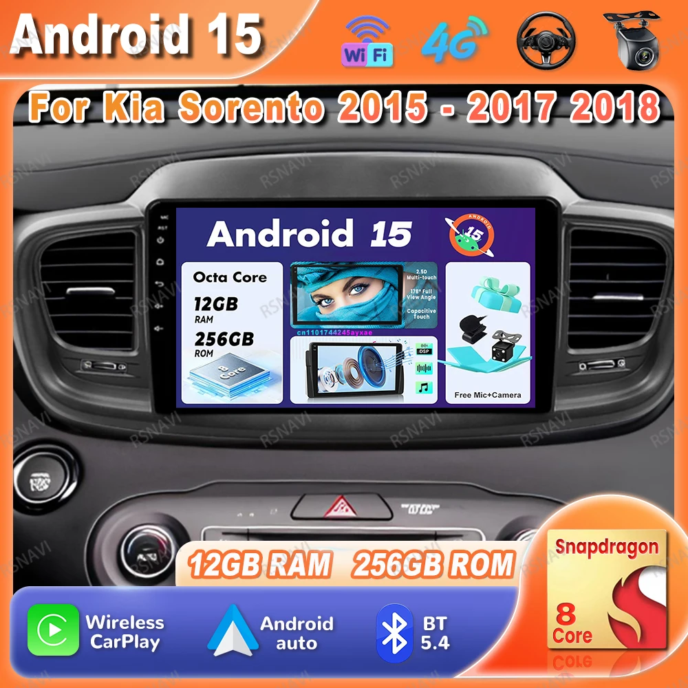 

Car Radio Android 15 For Kia Sorento 2015 - 2017 2018 NO 2DIN Carplay Stereo QLED 360 Camera AI Voice Qualcomm DSP Autoradio IPS